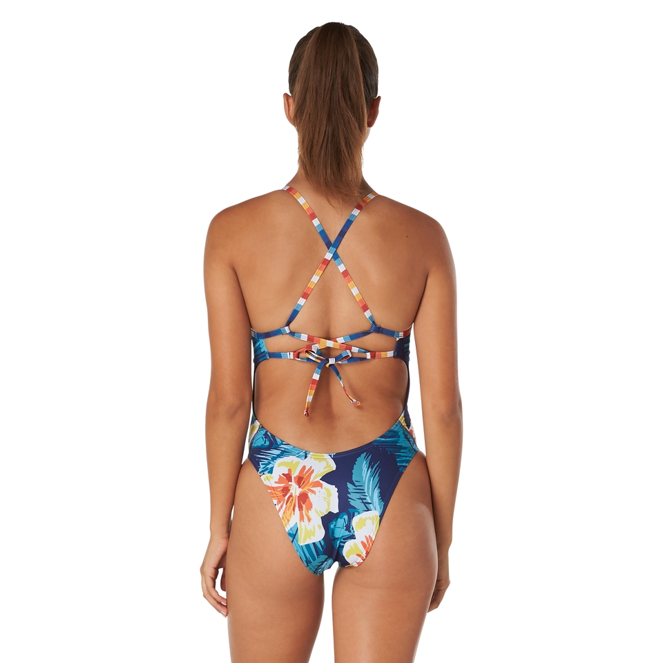Women's Printed Double Lace Back One Piece Blue