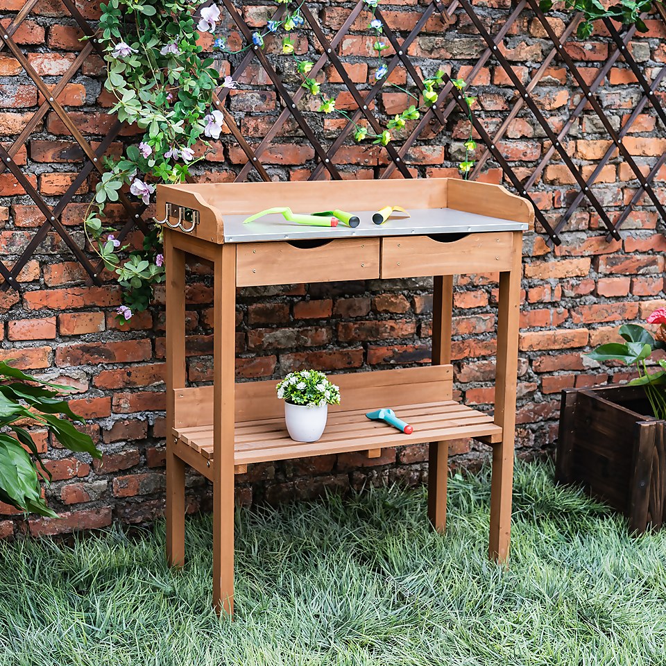 Garden Potting Bench with Two Drawers & Shelf