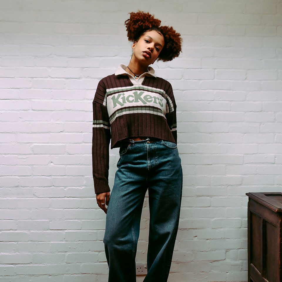 Women's Cropped Jumper with Contrast Collar Brown