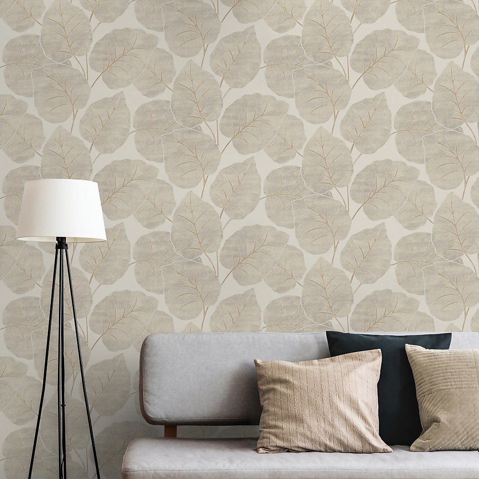 Grandeco Luxor Leaf Neutral Textured Metallic Wallpaper