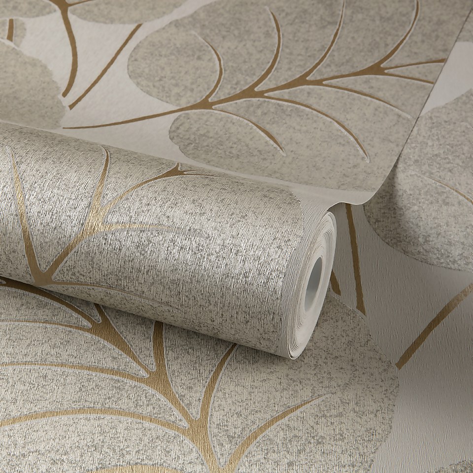 Grandeco Luxor Leaf Neutral Textured Metallic Wallpaper