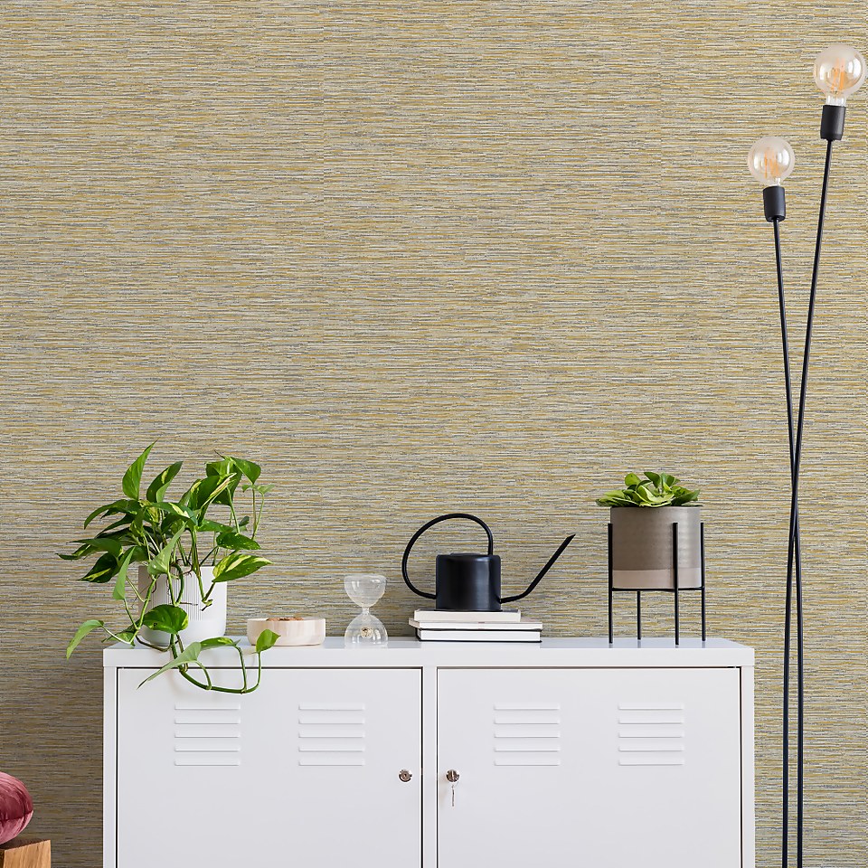 Grandeco Striped Weave Yellow Raised Textured Metallic Wallpaper