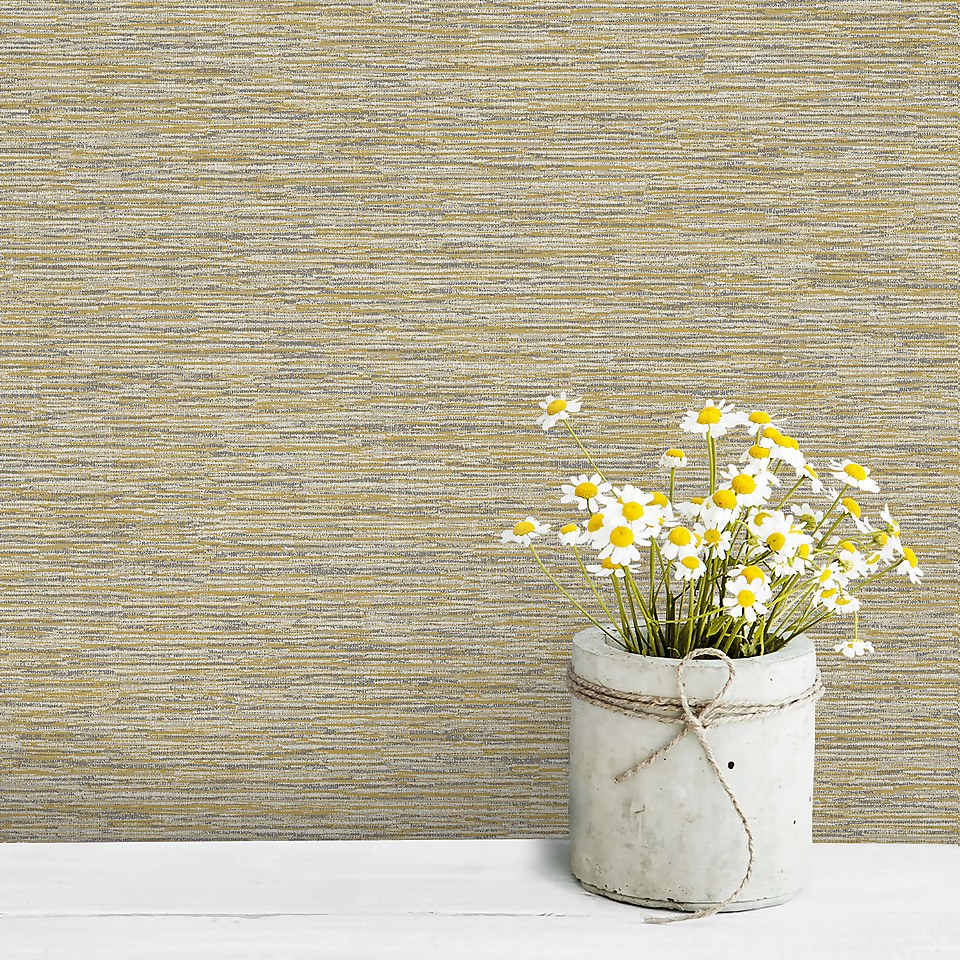Grandeco Striped Weave Yellow Raised Textured Metallic Wallpaper