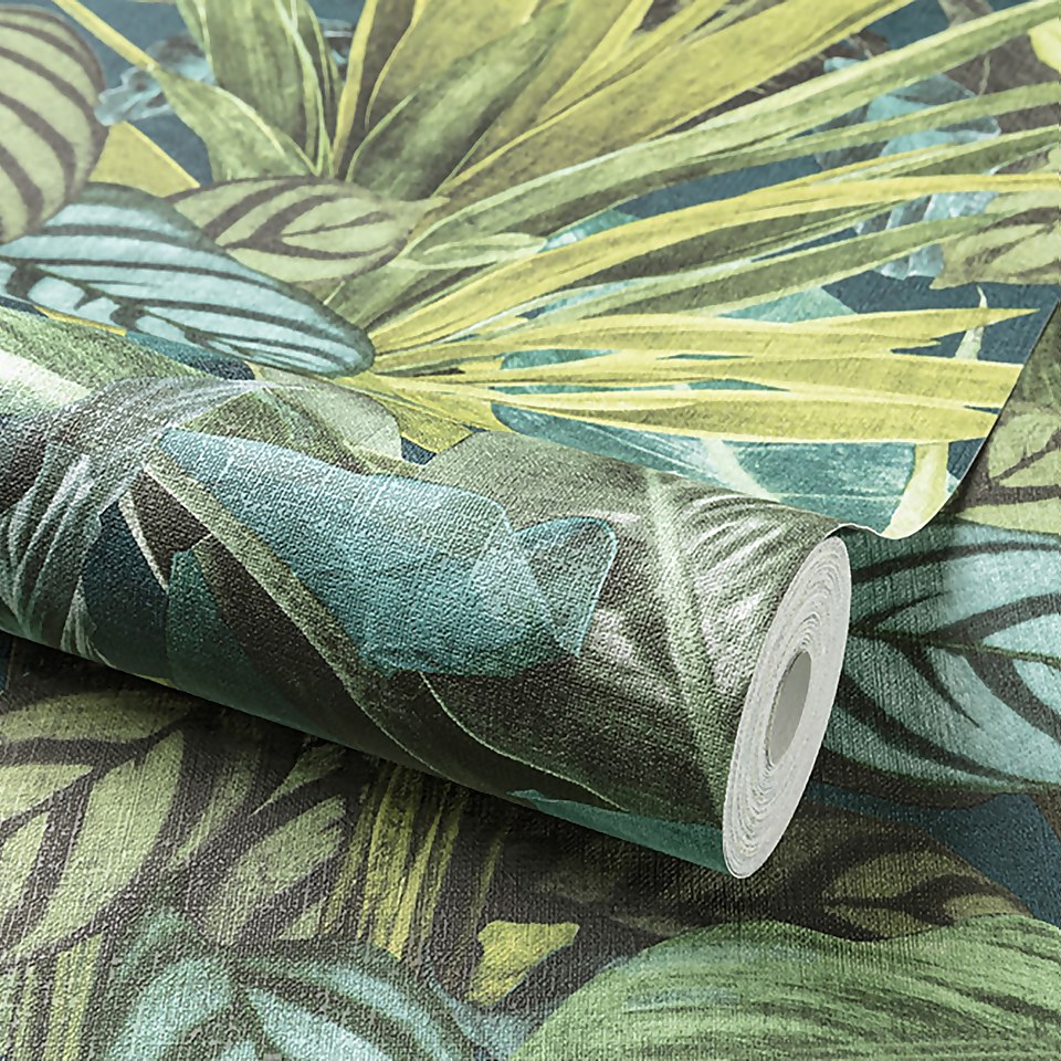 Grandeco Tropical Vista Green Textured Matt Wallpaper