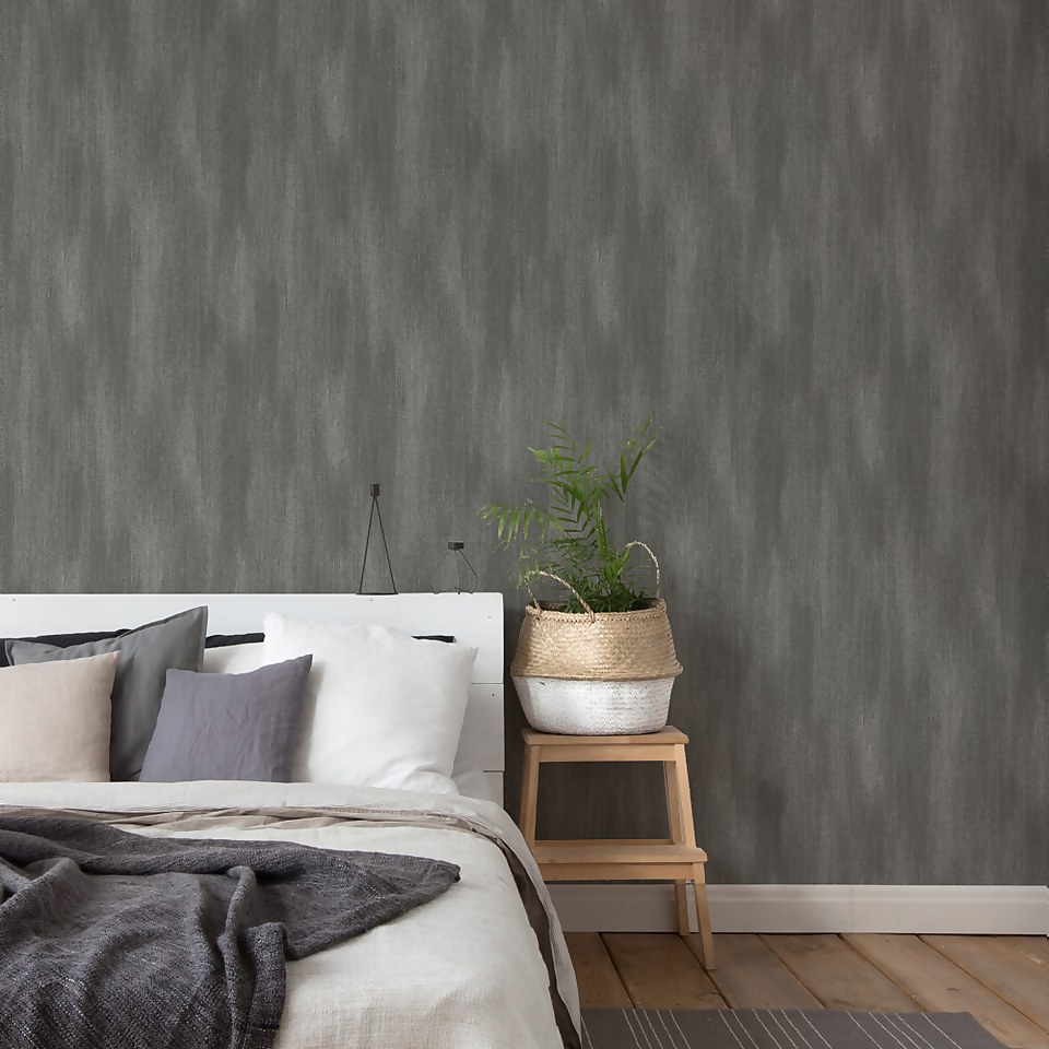 Grandeco Fabric Plain Charcoal Textured Matt Wallpaper