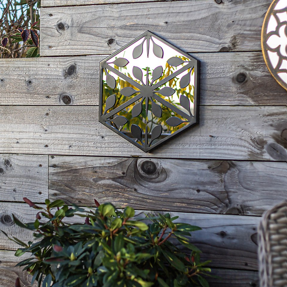 Hexagonal Laser Cut Outdoor Mirror 35cm - Black