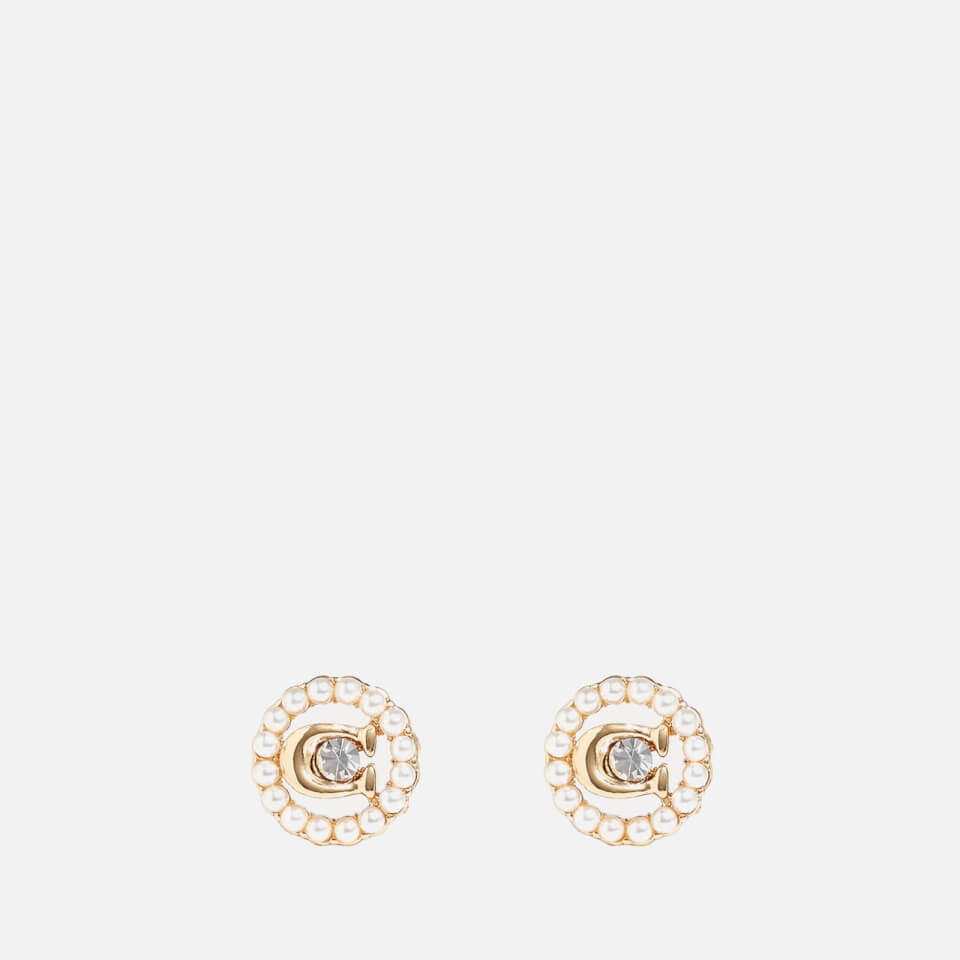 Coach C Gold-Plated Crystal and Faux Pearl Stud Earrings