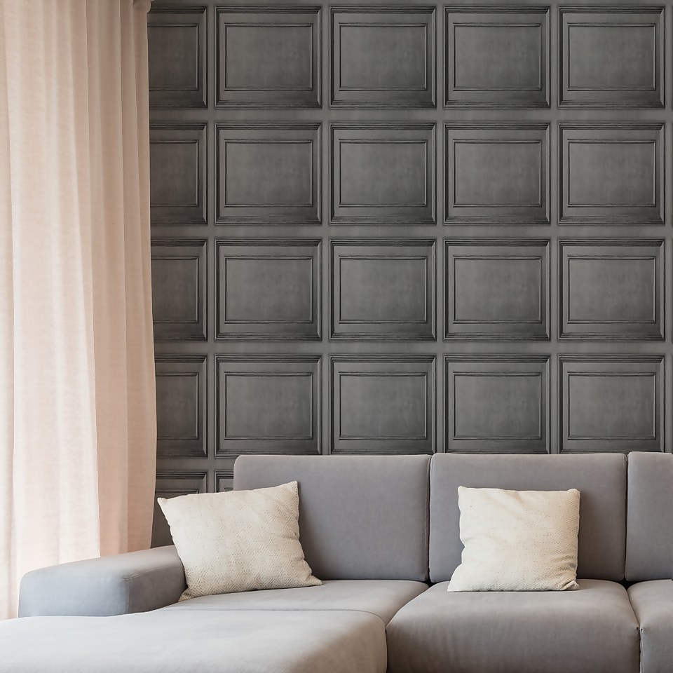 Fresco Wood Panelling Grey Wallpaper