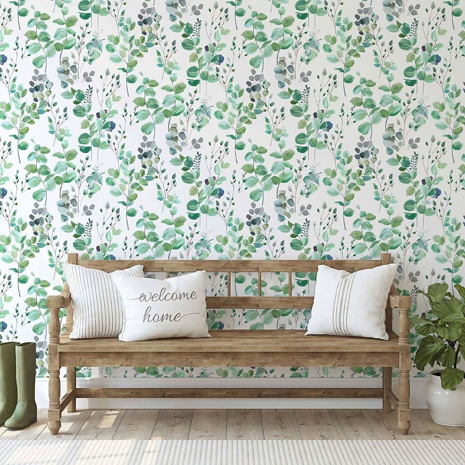 Fresco Watercolour Green Leaves White Grey Wallpaper
