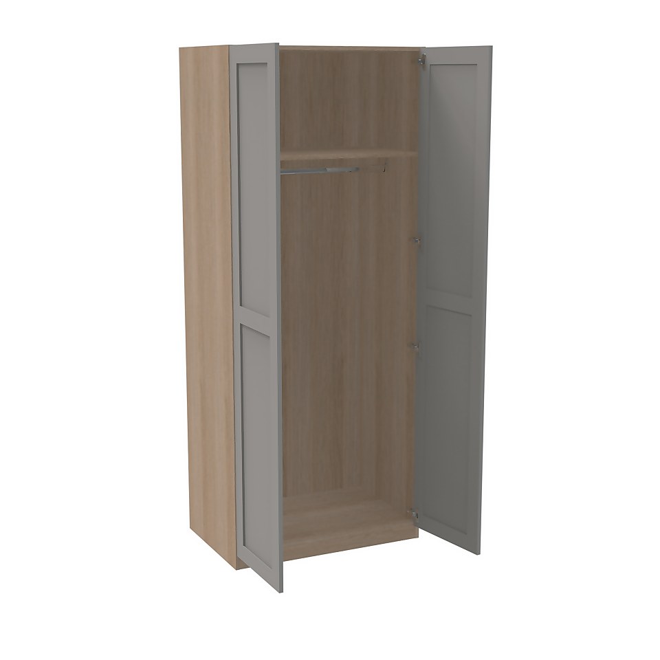 House Beautiful Realm Double Wardrobe, Oak Effect Carcass - Grey Shaker Doors (W) 900mm x (H) 2196mm