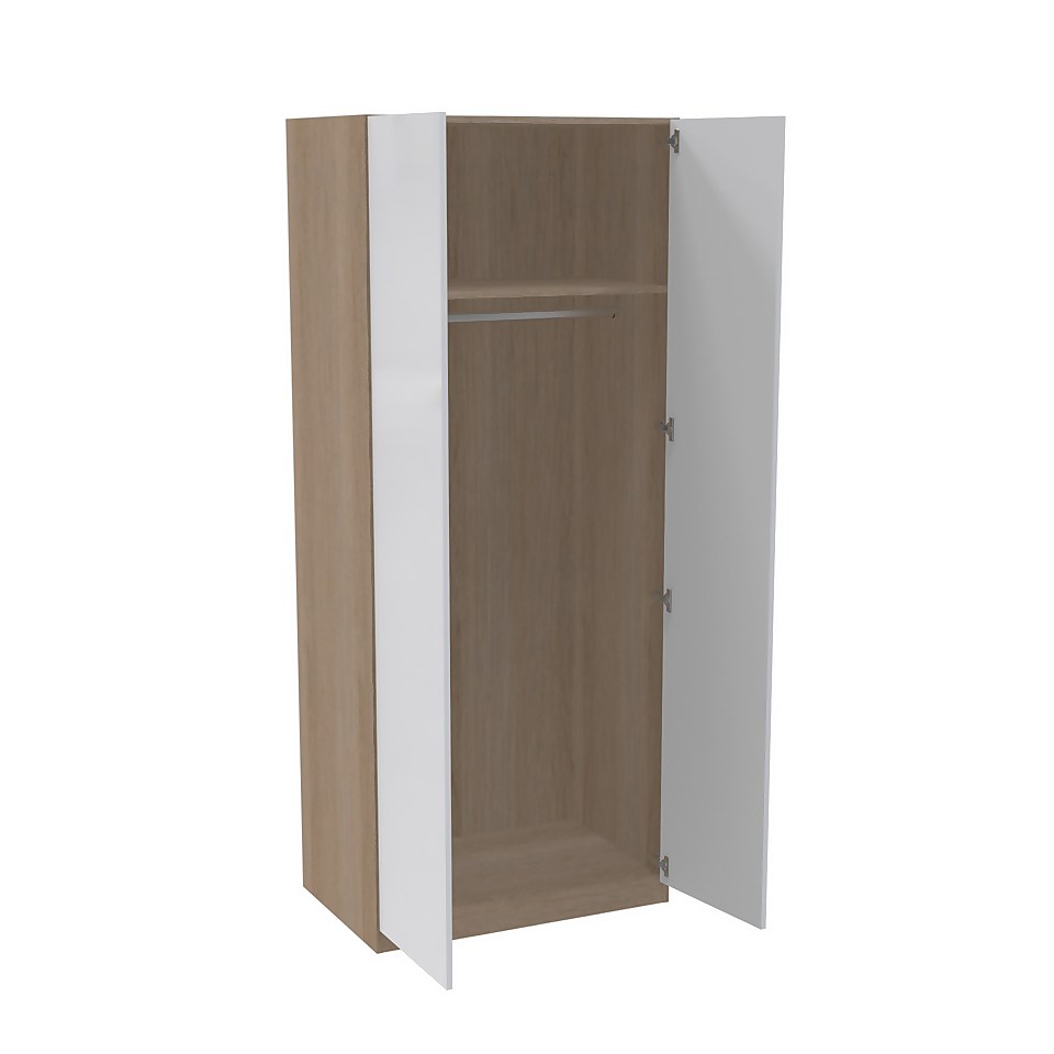 House Beautiful Escape Double Wardrobe, Oak Effect Carcass - Gloss White Handleless Door (W) 900mm x (H) 2196mm