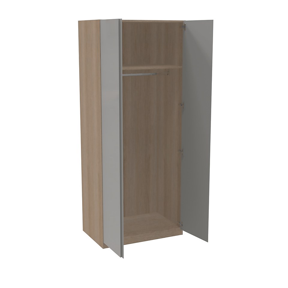 House Beautiful Escape Double Wardrobe, Oak Effect Carcass - Gloss Grey Handleless Door (W) 900mm x (H) 2196mm