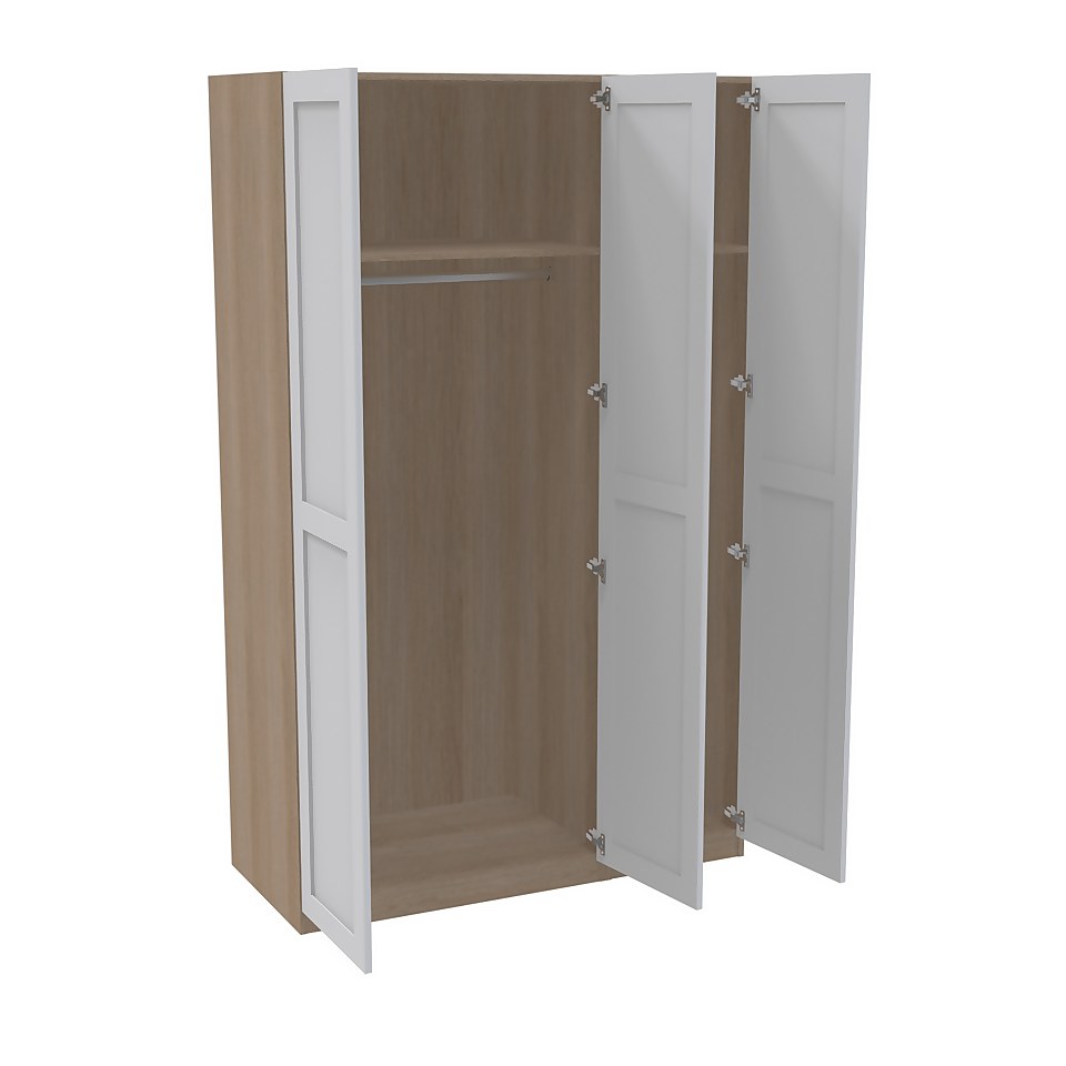 House Beautiful Realm Triple Wardrobe, Oak Effect Carcass - White Shaker Doors (W) 1350mm x (H) 2196mm