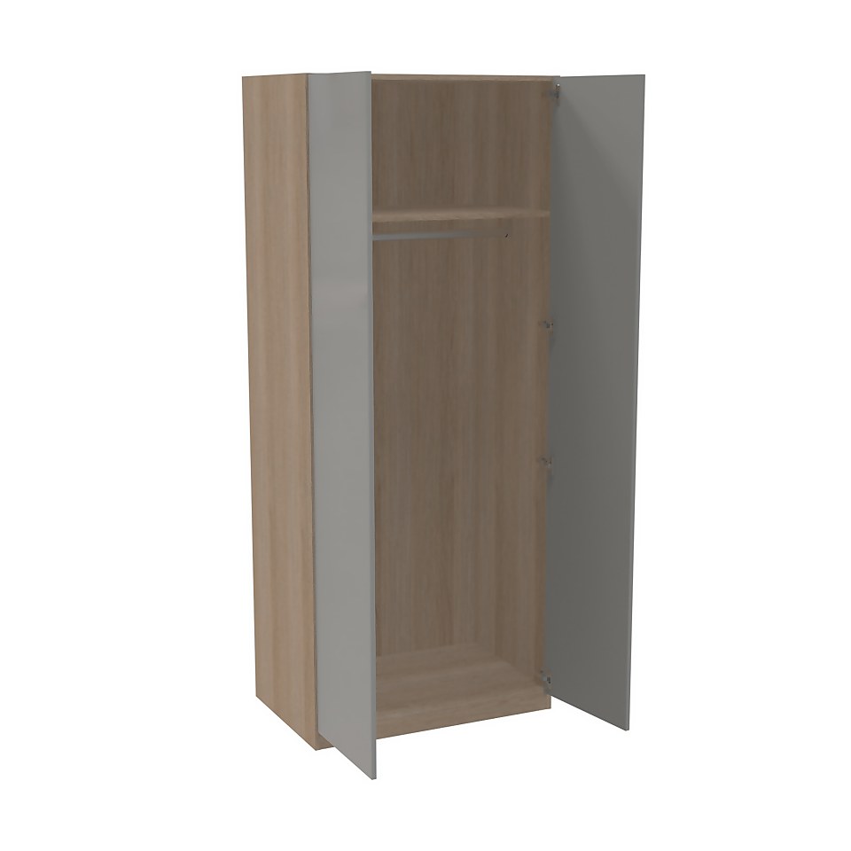 House Beautiful Honest Double Wardrobe, Oak Effect Carcass  - Gloss Grey Slab Door (W) 900mm x (H) 2196mm