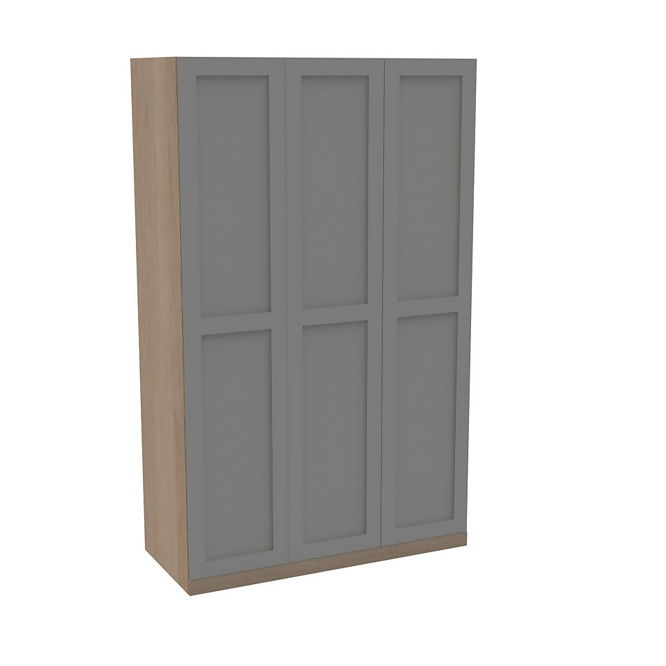 House Beautiful Realm Triple Wardrobe, Oak Effect Carcass - Grey Shaker Doors (W) 1350mm x (H) 2196mm