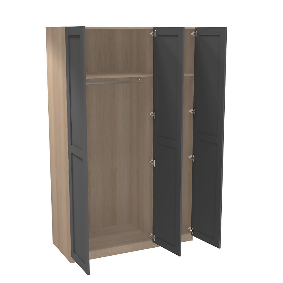 House Beautiful Realm Triple Wardrobe, Oak Effect Carcass - Carbon Grey Shaker Doors (W) 1350mm x (H) 2196mm