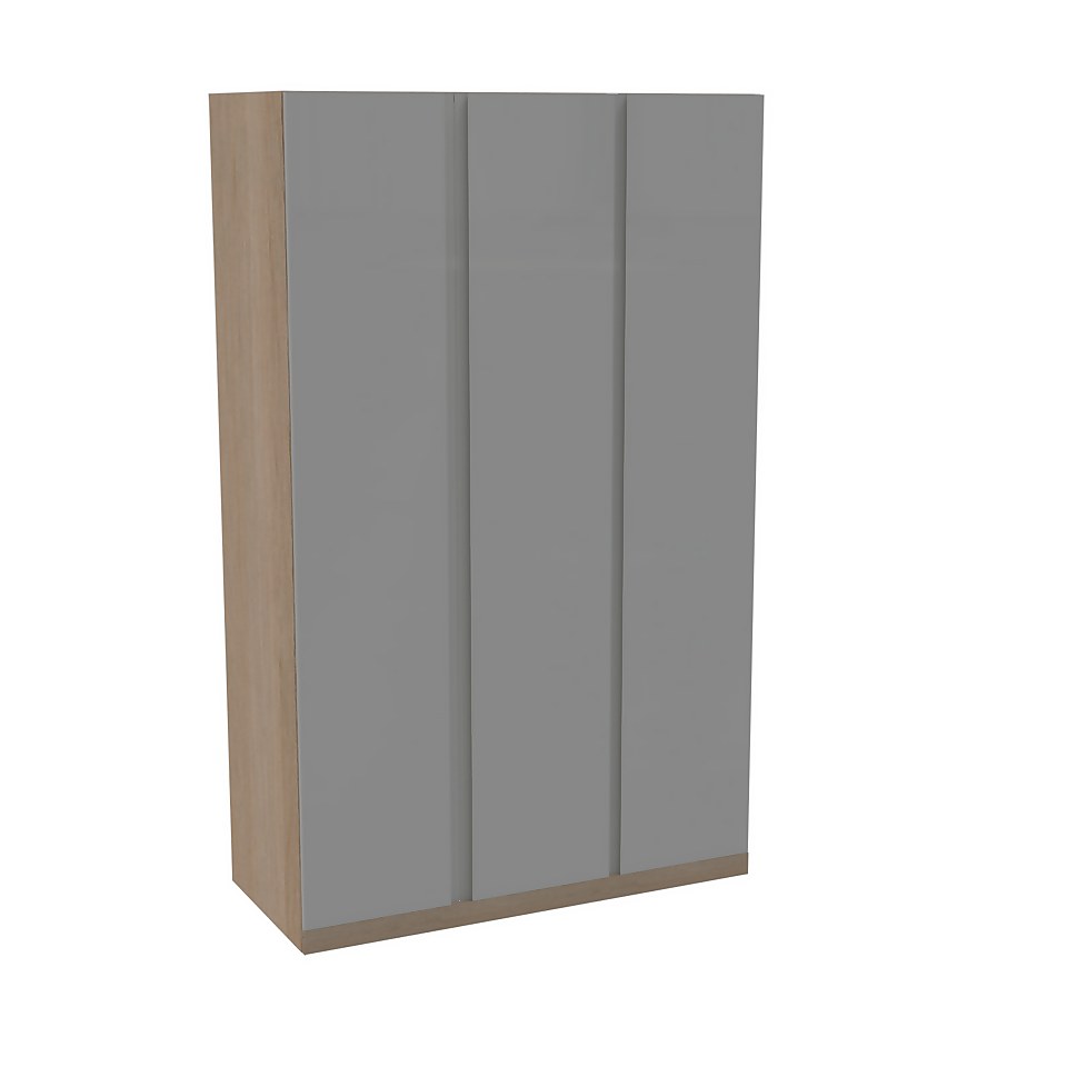 House Beautiful Escape Triple Wardrobe, Oak Effect Carcass - Gloss Grey Handleless Door (W) 1350mm x (H) 2196mm