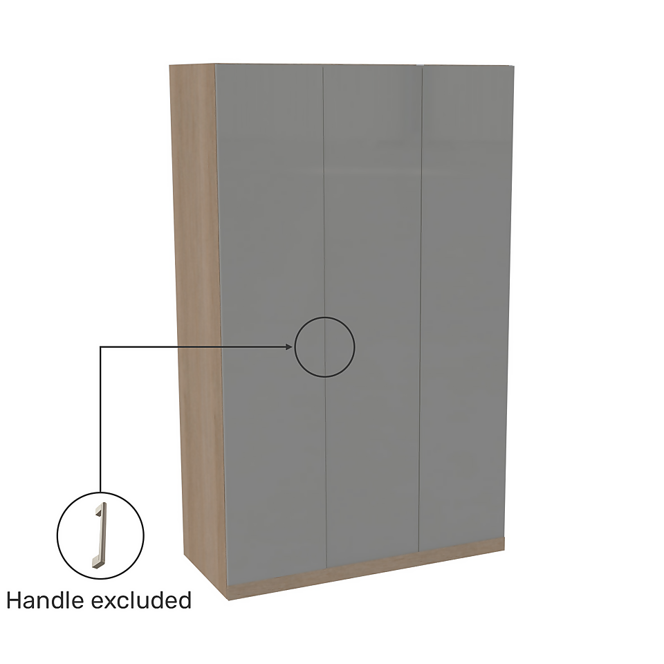 House Beautiful Honest Triple Wardrobe, Oak Effect Carcass - Gloss Grey Slab Doors (W) 1350mm x (H) 2196mm