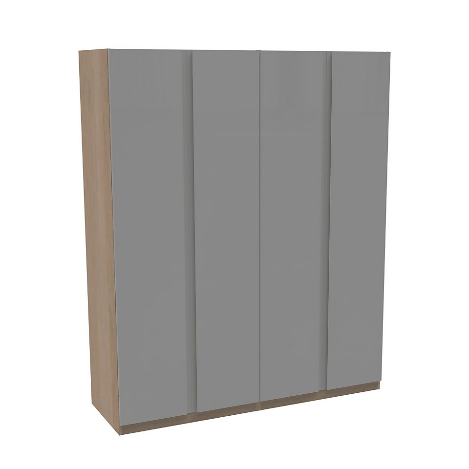 House Beautiful Escape Quad Wardrobe, Oak Effect Carcass - Gloss Grey Handleless Doors (W) 1800mm x (H) 2196mm