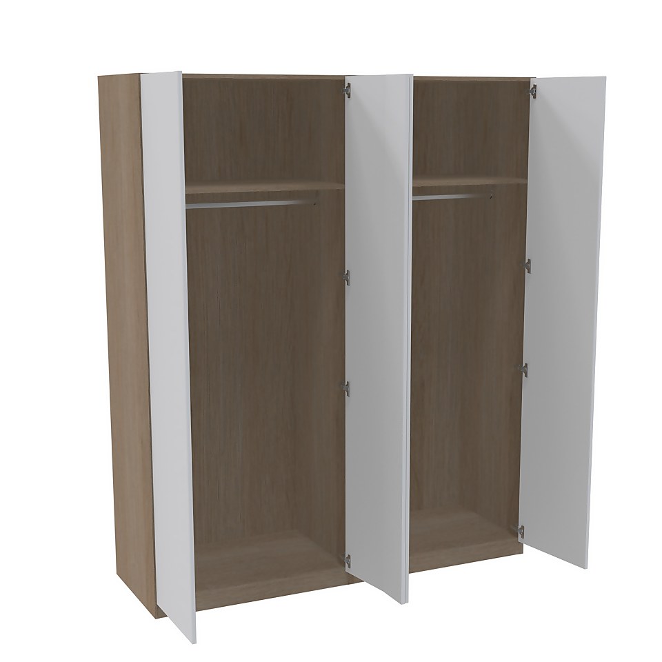 House Beautiful Honest Quad Wardrobe, Oak Effect Carcass - Gloss White Slab Doors (W) 1800mm x (H) 2196mm
