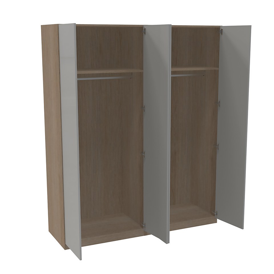 House Beautiful Honest Quad Wardrobe, Oak Effect Carcass - Gloss Grey Slab Doors (W) 1800mm x (H) 2196mm
