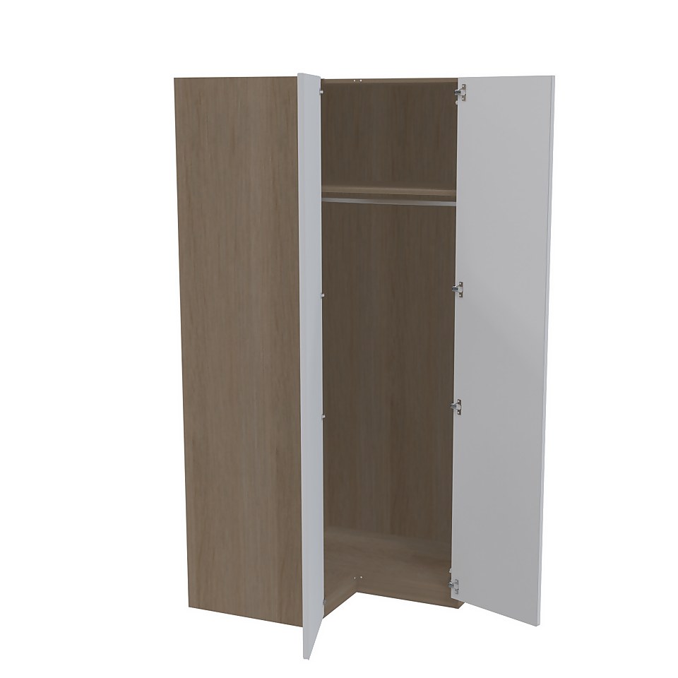House Beautiful Escape Corner Wardrobe, Oak Effect Carcass - Gloss White Handleless Doors (W) 1053mm x (H) 2196mm