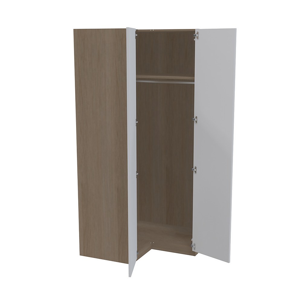 House Beautiful Honest Corner Wardrobe, Oak Effect Carcass - Gloss White Slab Doors (W) 1053mm x (H) 2196mm
