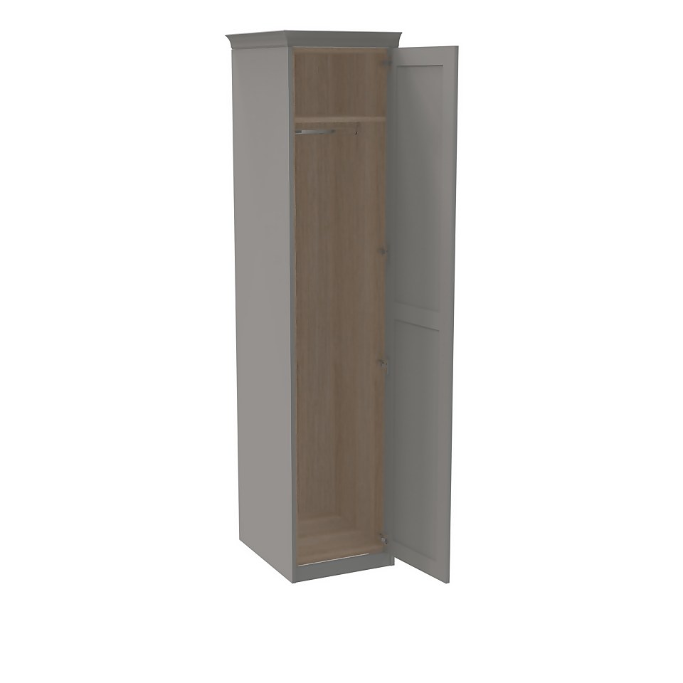 House Beautiful Realm Fitted Look Single Wardrobe, Oak Effect Carcass - Grey Shaker Door (W) 551mm x (H) 2256mm