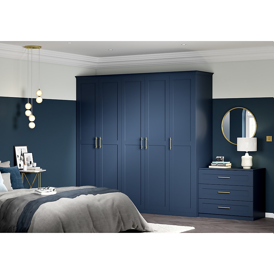 House Beautiful Realm Fitted Look Single Wardrobe, Oak Effect Carcass - Navy Blue Shaker Door (W) 551mm x (H) 2256mm