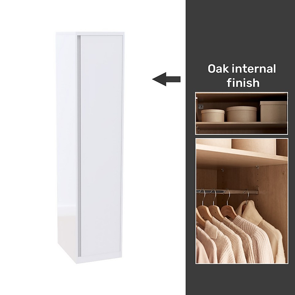 House Beautiful Escape Fitted Look Single Wardrobe, Oak Effect Carcass - Gloss White Handleless Door (W) 490mm x (H) 2226mm