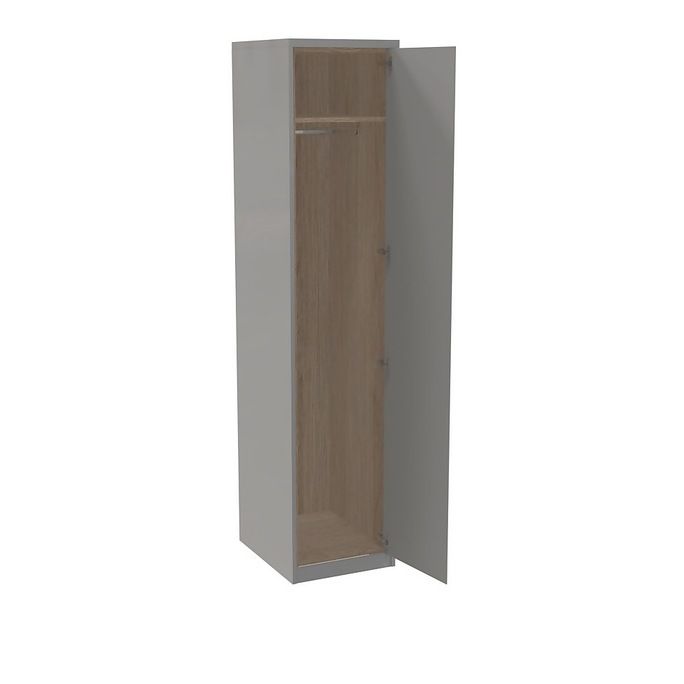 House Beautiful Escape Fitted Look Single Wardrobe, Oak Effect Carcass - Gloss Grey Handleless Door (W) 490mm x (H) 2226mm