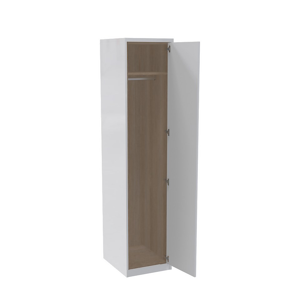 House Beautiful Honest Fitted Look Single Wardrobe, Oak Effect Carcass - Gloss White Slab Door (W) 490mm x (H) 2226mm