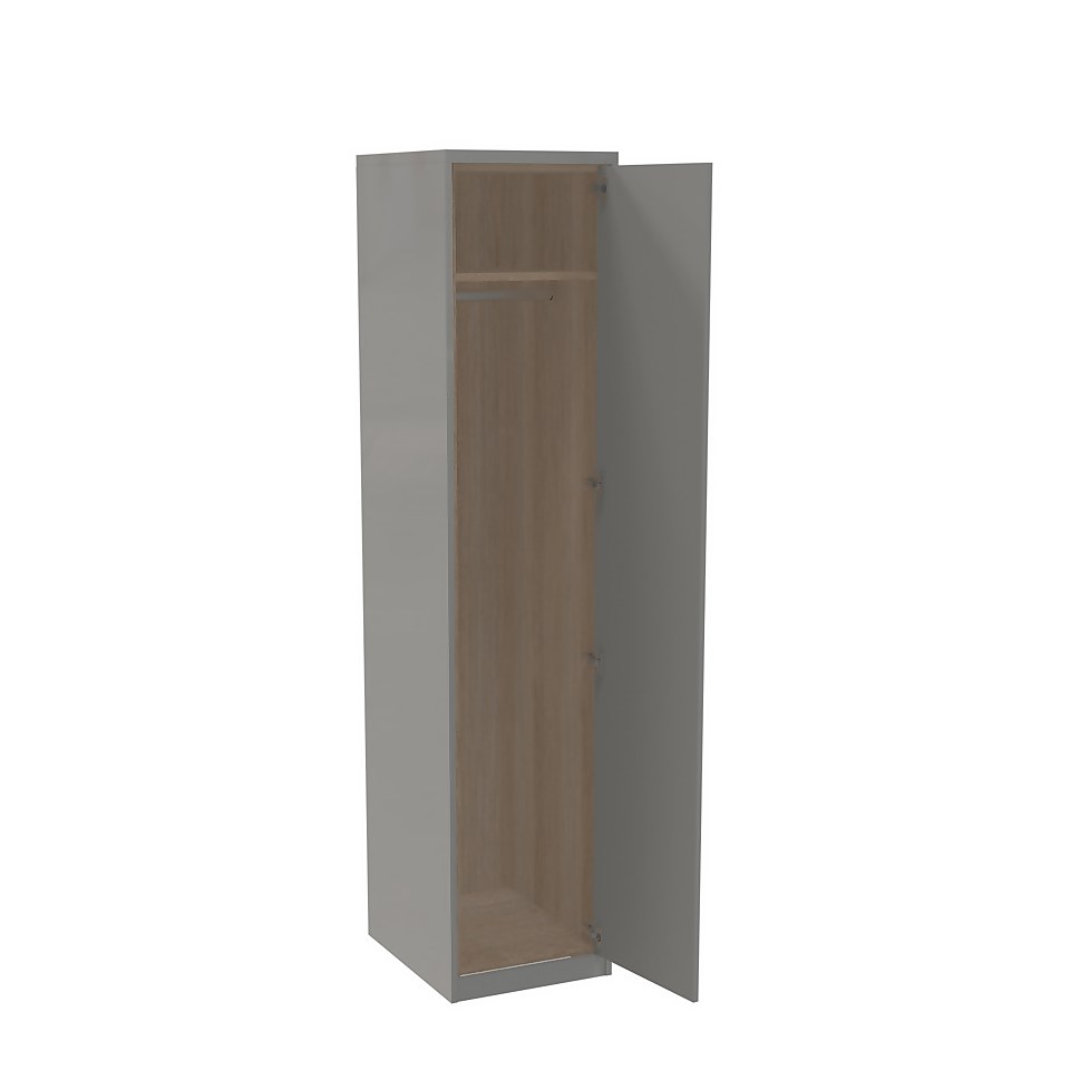 House Beautiful Honest Fitted Look Single Wardrobe, Oak Effect Carcass - Gloss Grey Slab Door (W) 490mm x (H) 2226mm