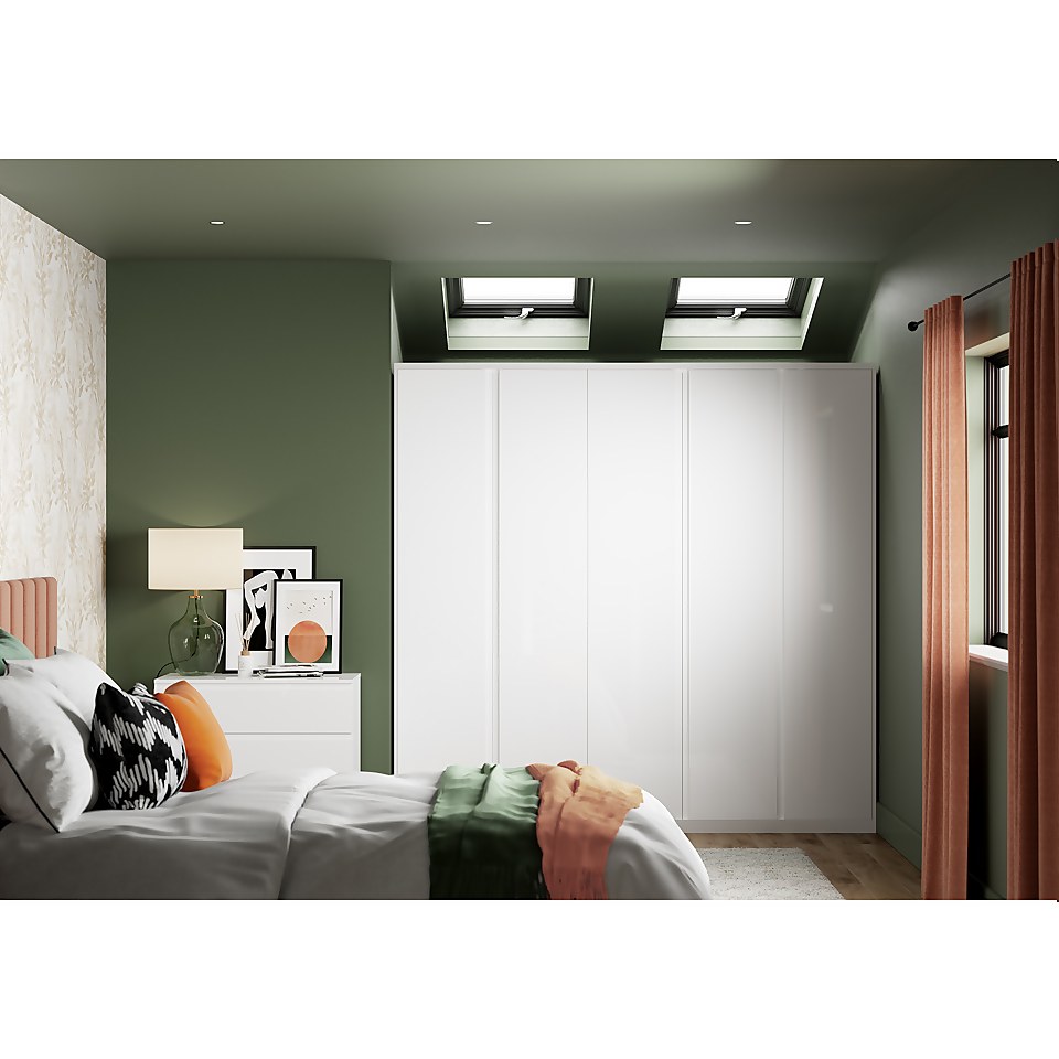 House Beautiful Escape Fitted Look Double Wardrobe, Oak Effect Carcass - Gloss White Handleless Doors (W) 940mm x (H) 2226mm