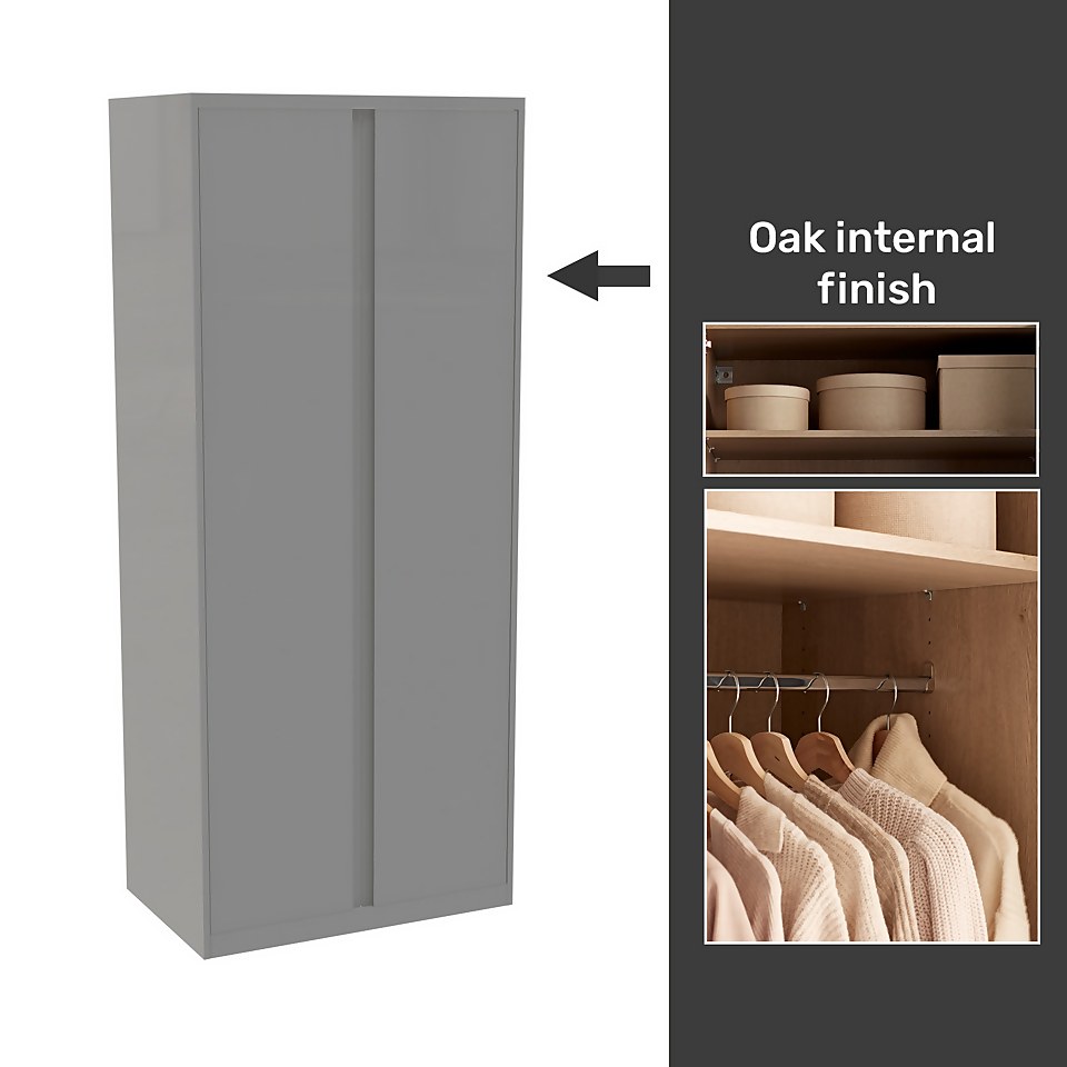 House Beautiful Escape Fitted Look Double Wardrobe, Oak Effect Carcass - Gloss Grey Handleless Doors (W) 940mm x (H) 2226mm