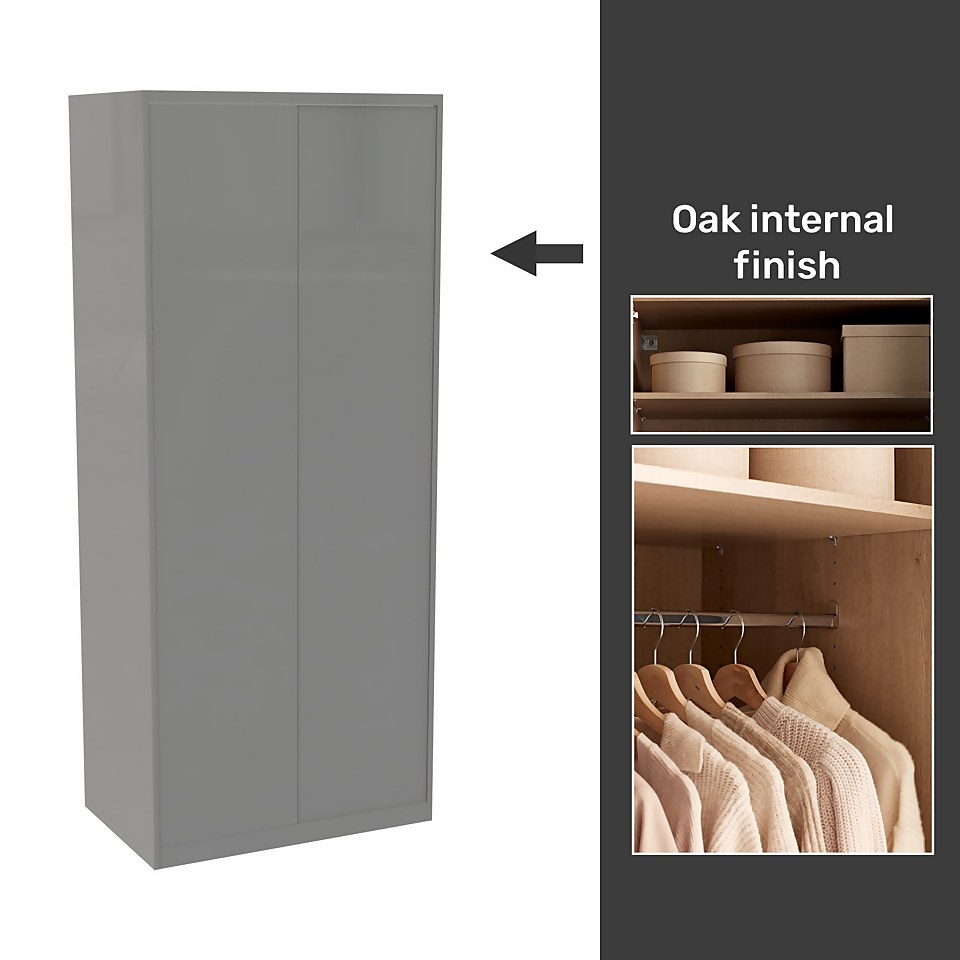 House Beautiful Honest Fitted Look Double Wardrobe, Oak Effect Carcass - Gloss Grey Slab Doors (W) 940mm x (H) 2226mm