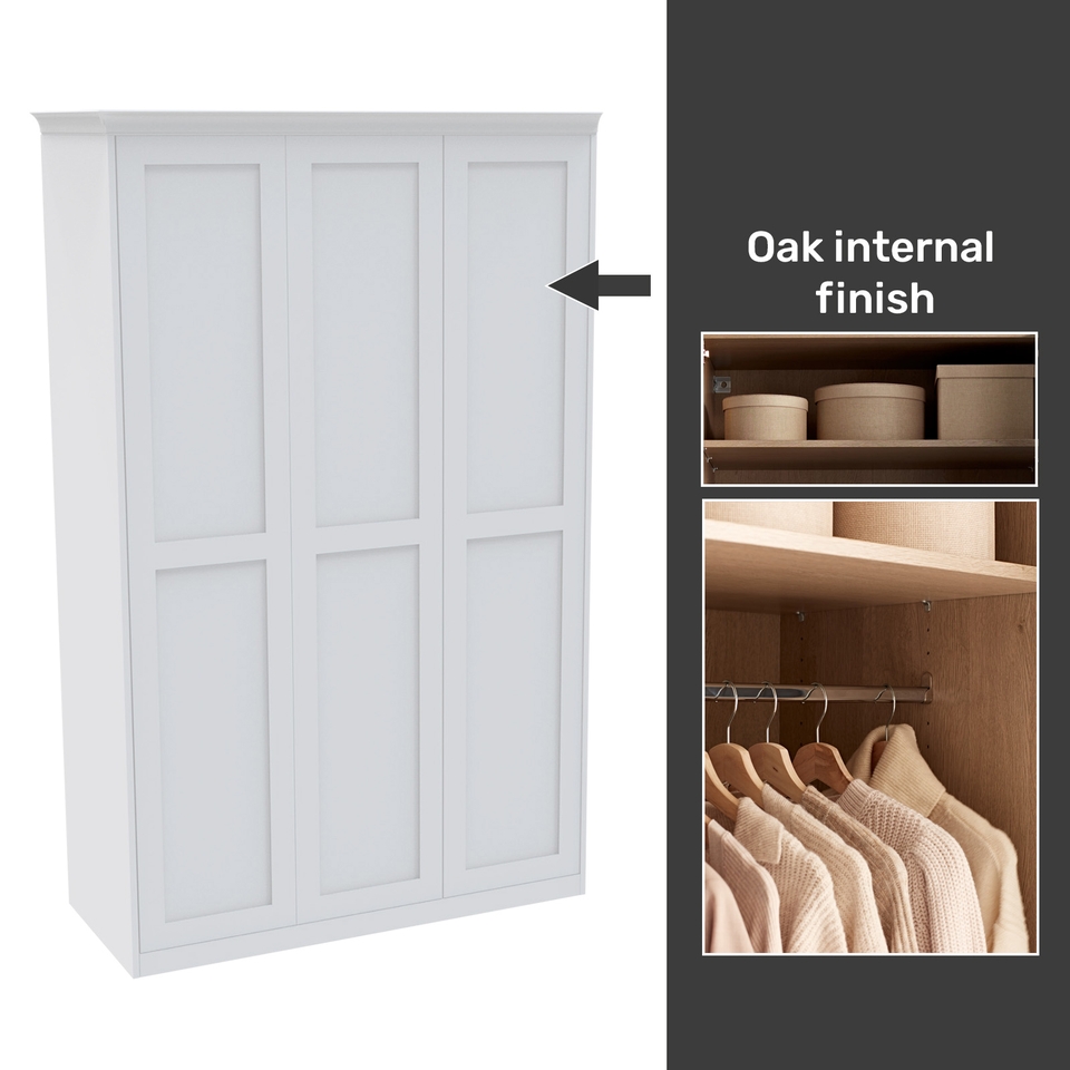 House Beautiful Realm Fitted Look Triple Wardrobe, Oak Effect Carcass - White Shaker Doors (W) 1451mm x (H) 2256mm