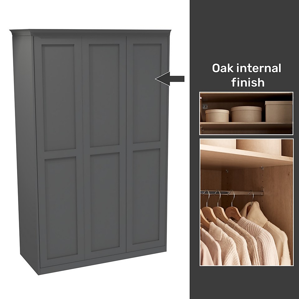 House Beautiful Realm Fitted Look Triple Wardrobe, Oak Effect Carcass - Carbon Grey Shaker Doors (W) 1451mm x (H) 2256mm