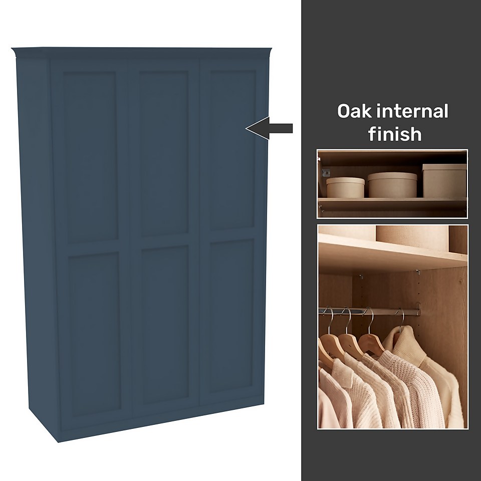 House Beautiful Realm Fitted Look Triple Wardrobe, Oak Effect Carcass -Navy Blue Shaker Doors (W) 1451mm x (H) 2256mm