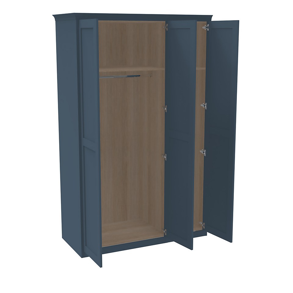 House Beautiful Realm Fitted Look Triple Wardrobe, Oak Effect Carcass -Navy Blue Shaker Doors (W) 1451mm x (H) 2256mm