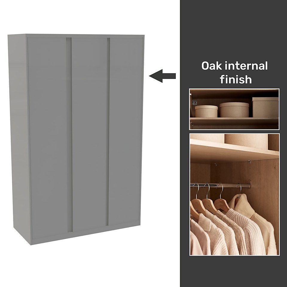 House Beautiful Escape Fitted Look Triple Wardrobe, Oak Effect Carcass - Gloss Grey Handleless Doors (W) 1390mm x (H) 2226mm