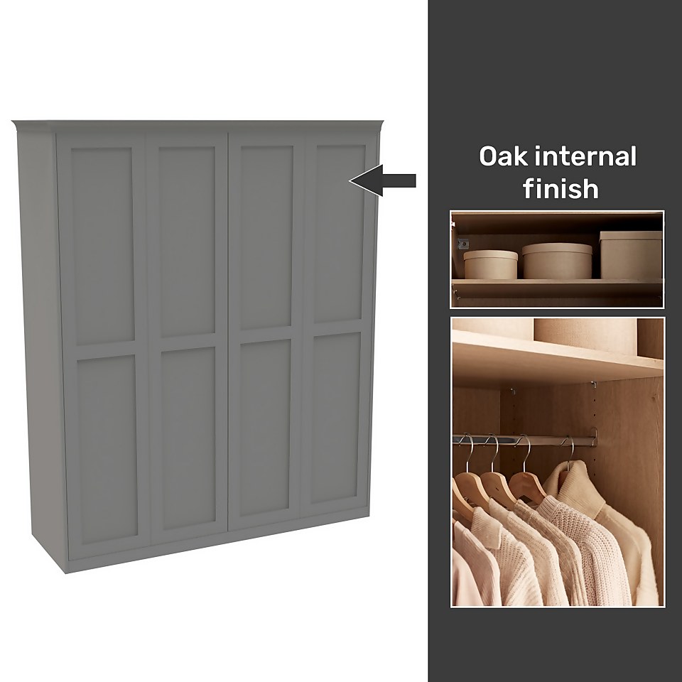 House Beautiful Realm Fitted Look Quad Wardrobe, Oak Effect Carcass - Grey Shaker Doors (W) 1901mm x (H) 2256mm
