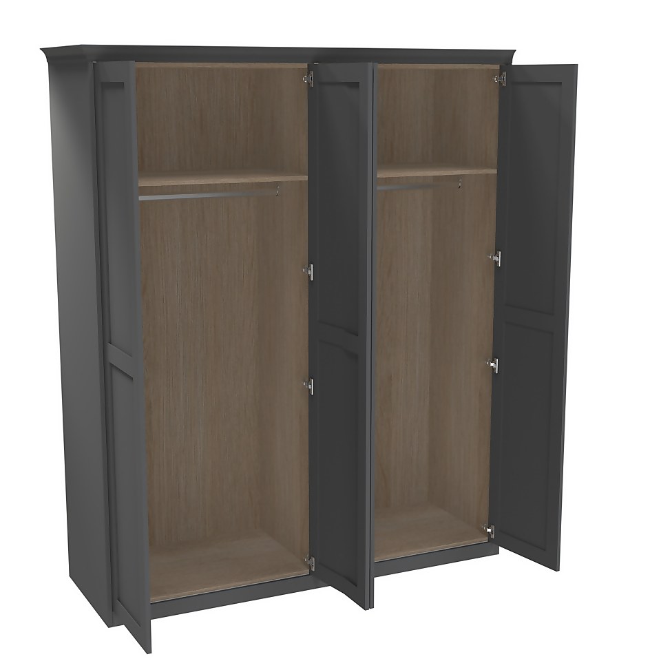 House Beautiful Realm Fitted Look Quad Wardrobe, Oak Effect Carcass - Carbon Grey Shaker Doors (W) 1901mm x (H) 2256mm