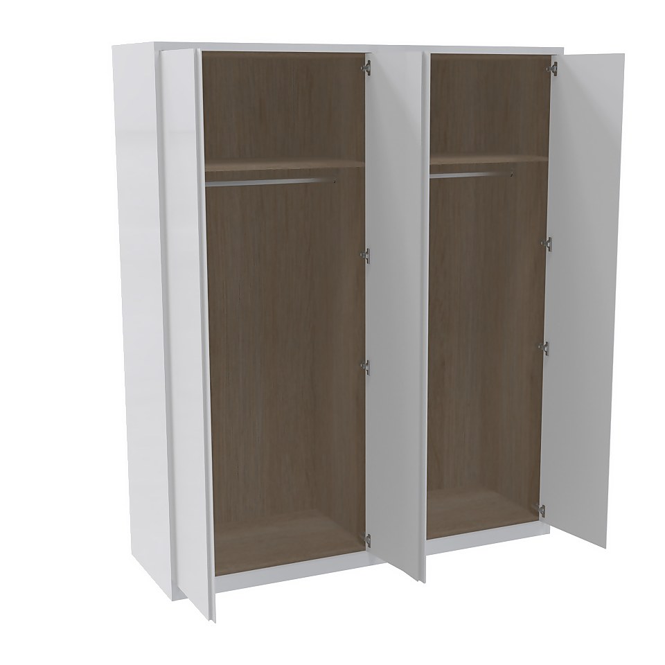 House Beautiful Escape Fitted Look Quad Wardrobe, Oak Effect Carcass - Gloss White Handleless Doors (W) 1840mm x (H) 2226mm