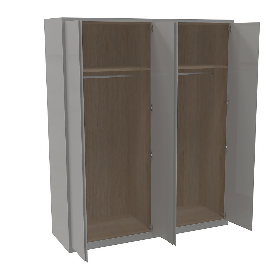 House Beautiful Escape Fitted Look Quad Wardrobe, Oak Effect Carcass - Gloss Grey Handleless Doors (W) 1840mm x (H) 2226mm