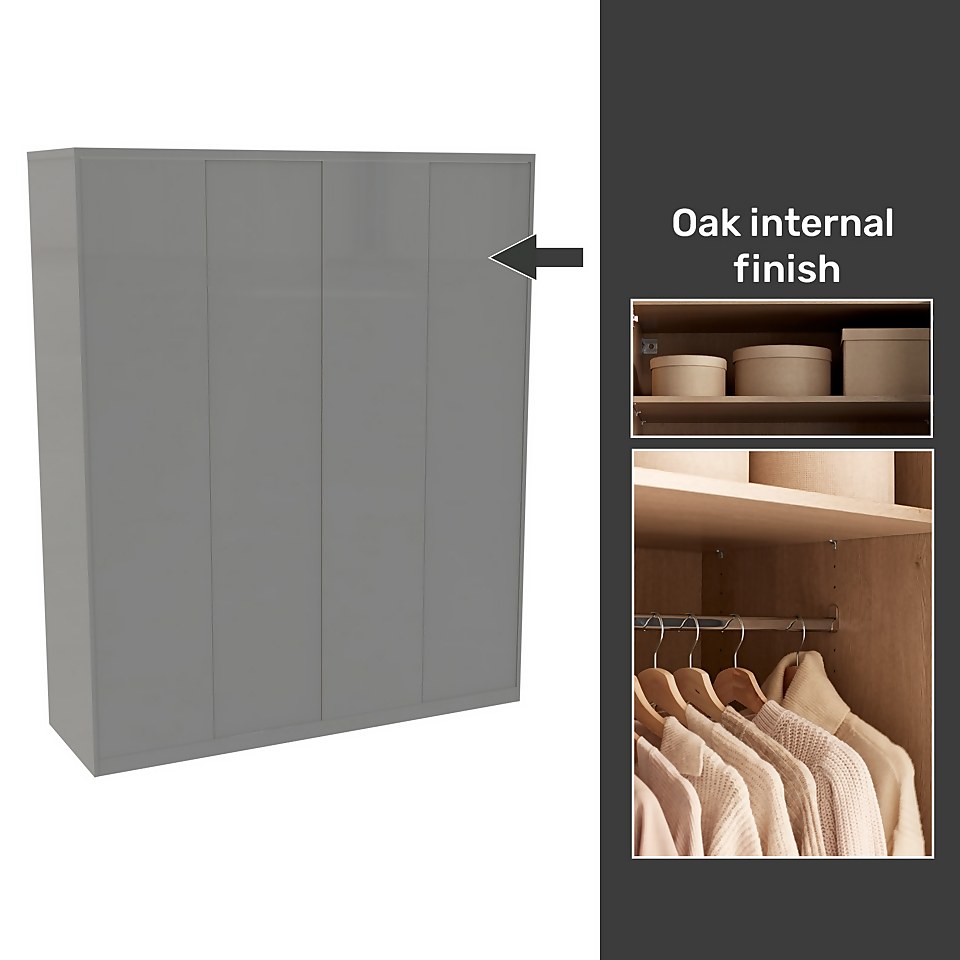 House Beautiful Honest Fitted Look Quad Wardrobe, Oak Effect Carcass - Gloss Grey Slab Doors (W) 1840mm x (H) 2226mm