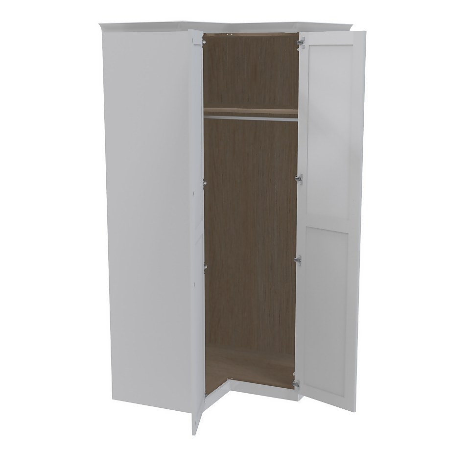 House Beautiful Realm Fitted Look Corner Wardrobe, Oak Effect Carcass - White Shaker Doors (W) 1103mm x (H) 2256mm