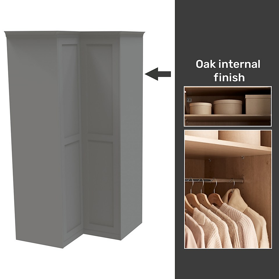 House Beautiful Realm Fitted Look Corner Wardrobe, Oak Effect Carcass - Grey Shaker Doors (W) 1103mm x (H) 2256mm