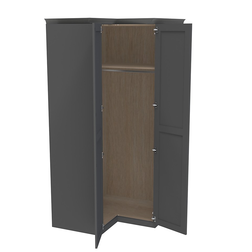House Beautiful Realm Fitted Look Corner Wardrobe, Oak Effect Carcass - Carbon Grey Shaker Doors (W) 1103mm x (H) 2256mm