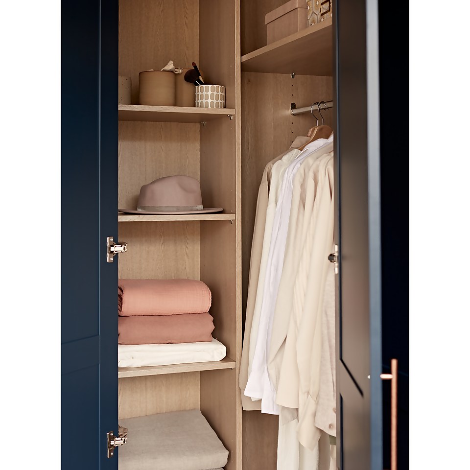 House Beautiful Realm Fitted Look Corner Wardrobe, Oak Effect Carcass - Navy Blue Shaker Doors (W) 1103mm x (H) 2256mm